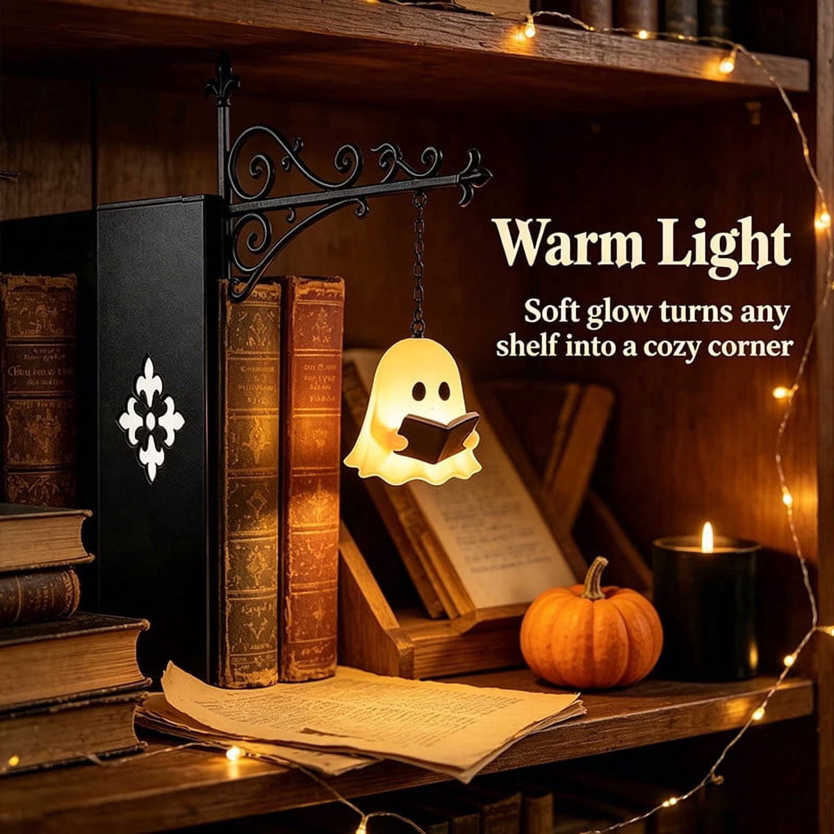 Cozy Ghost Reading Lamp - Warm LED Bookshelf Night Light